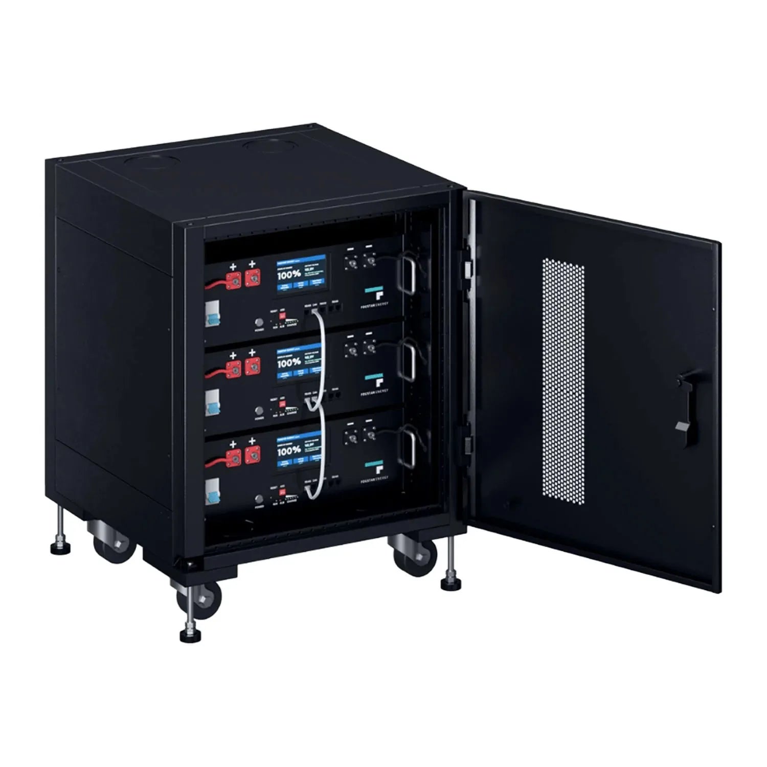 Black 48V LiFePO4 rack battery cabinet with open door revealing three stacked battery modules, control displays, and red conn