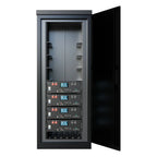 FogStar 5.12kWh lithium battery system in open rack cabinet with four stacked modules, each displaying LCD screens and red in