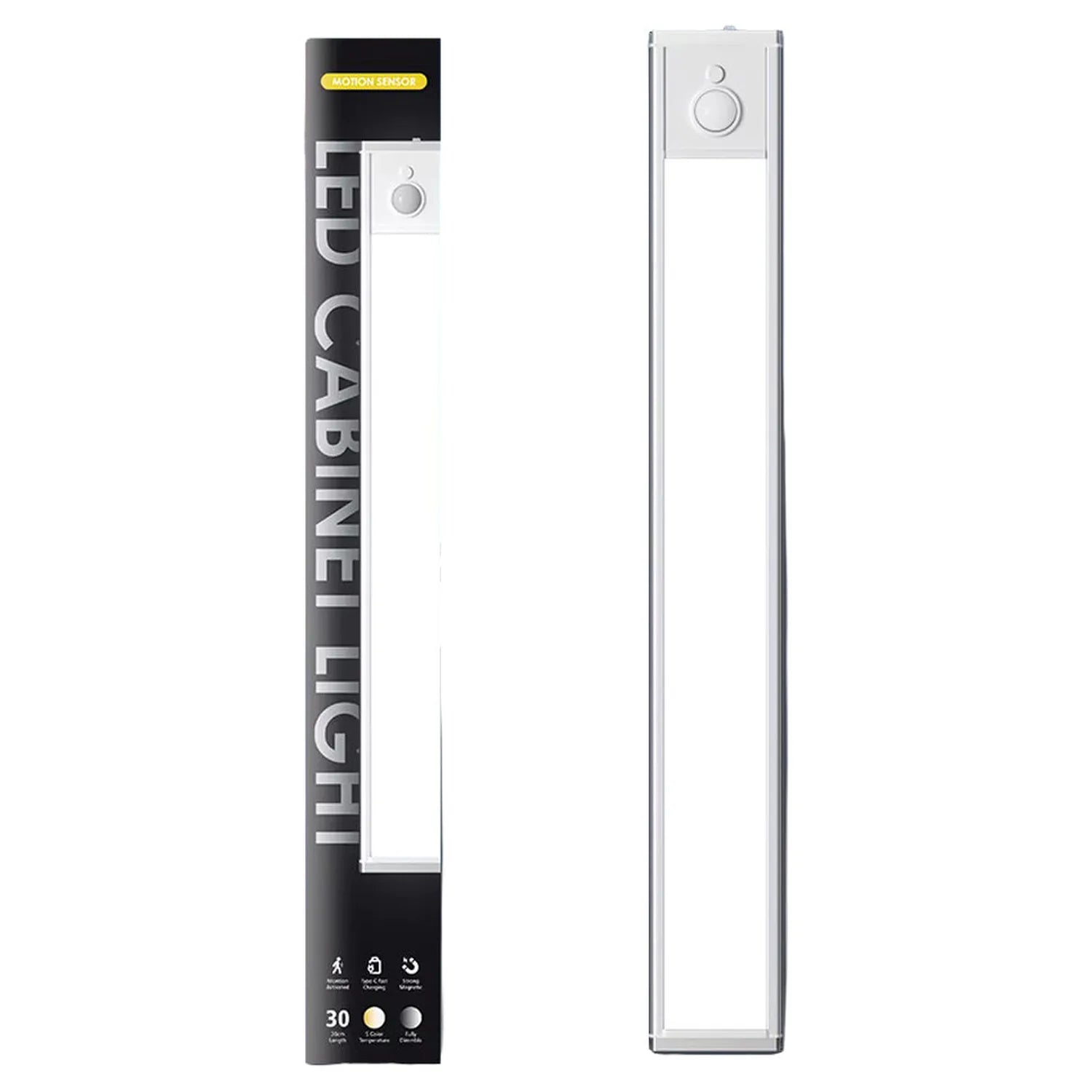 Ledison under cabinet light packaging and product display showing black box with white light fixture and motion sensor button