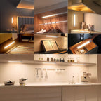 LED under cabinet light installed in various home settings including bedroom, closet, kitchen, and workspace, showing warm li