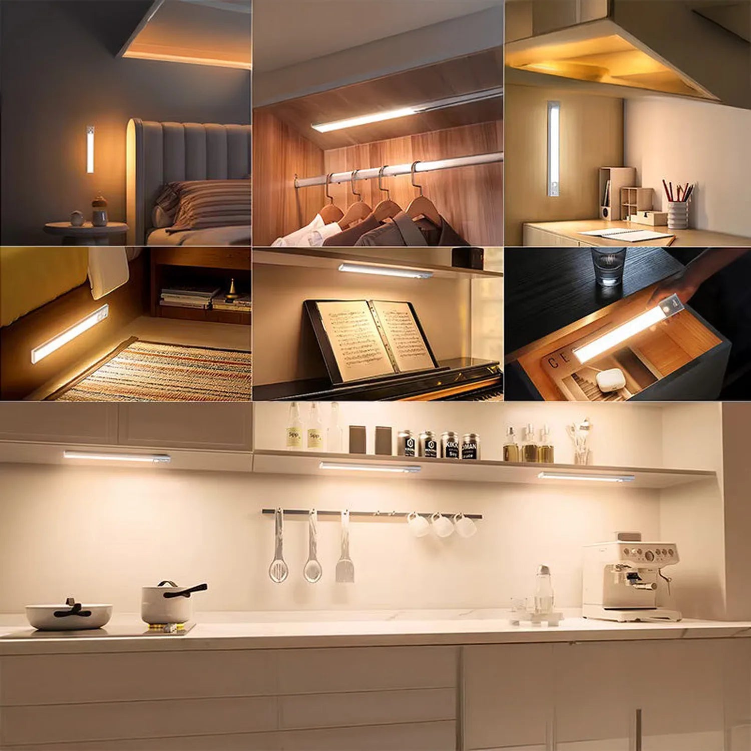 LED under cabinet light installed in various home settings including bedroom, closet, kitchen, and workspace, showing warm li
