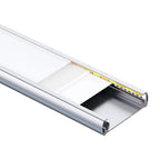 Cross-section diagram of aluminum LED under-cabinet light showing internal LED strip, diffuser, and mounting components.