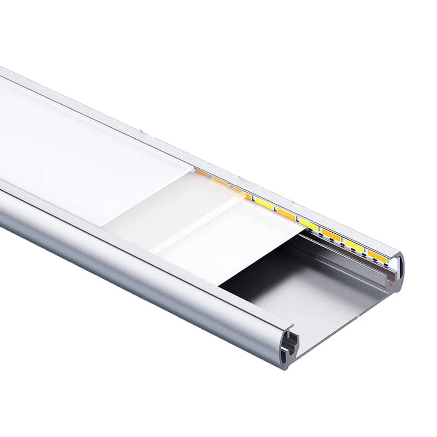 Cross-section diagram of aluminum LED under-cabinet light showing internal LED strip, diffuser, and mounting components.