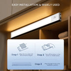 LED under-cabinet light installed above kitchen cabinet with warm illumination, showing three-step installation instructions 