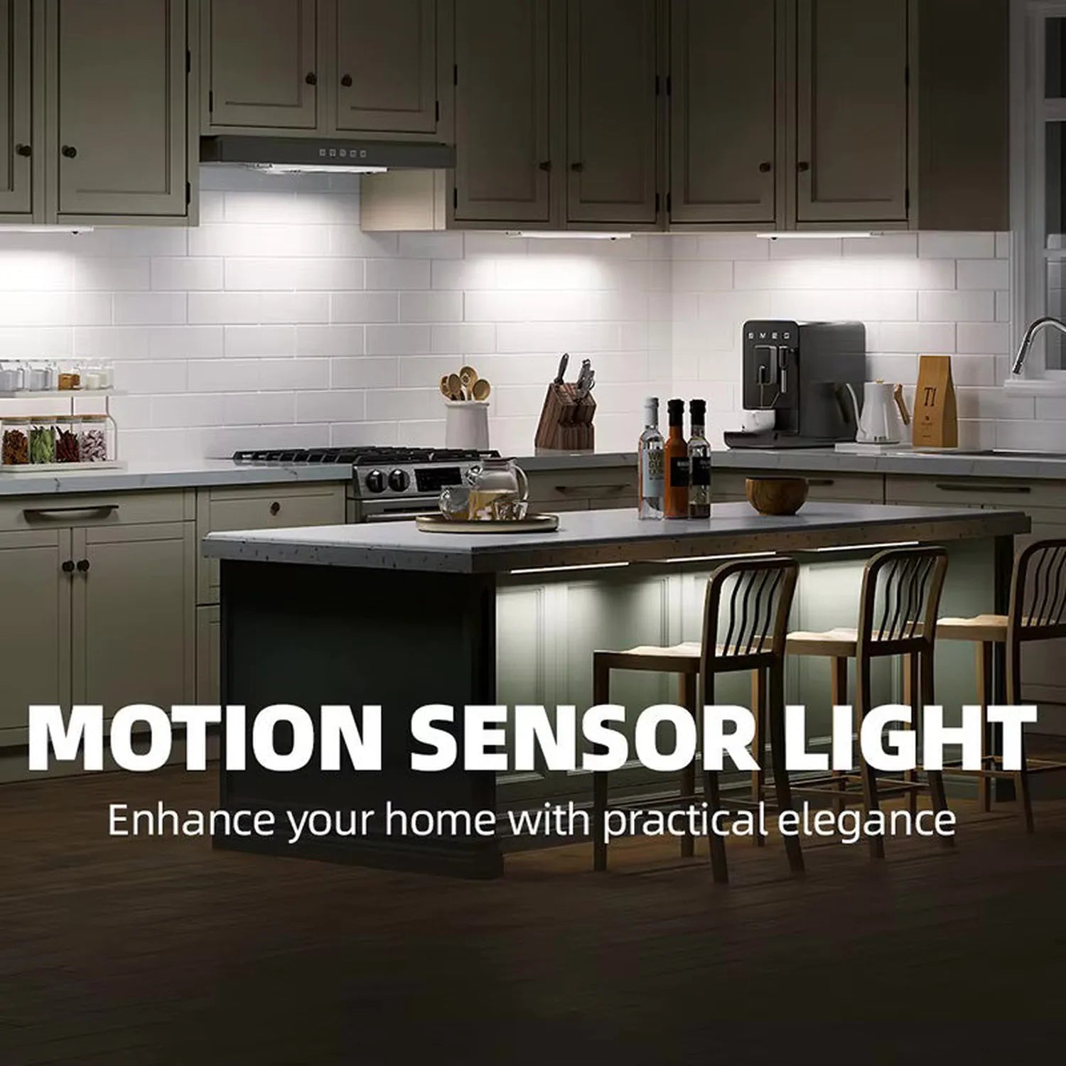 Motion sensor LED under cabinet light illuminating a modern kitchen with white subway tile backsplash and sage green cabinetr