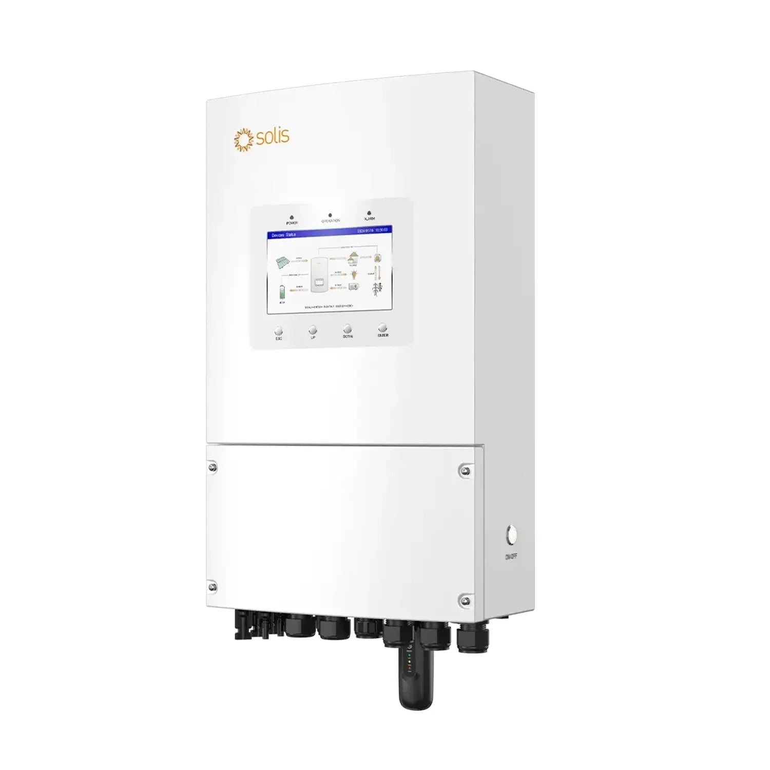 Solis 8kW hybrid solar inverter with touchscreen display and integrated battery management system mounted on white wall.