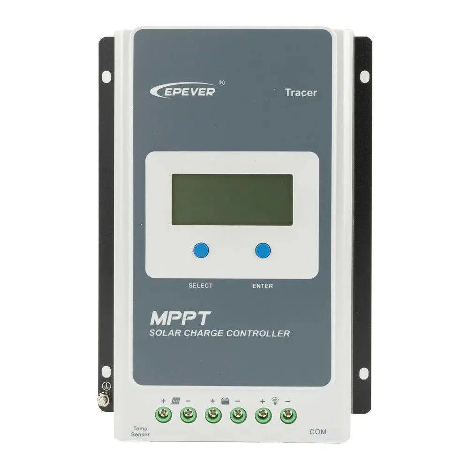 Epever Tracer MPPT solar charge controller with LCD display, two blue buttons labeled SELECT and ENTER, and six green termina