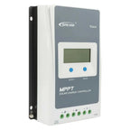 Epever Tracer MPPT solar charge controller with digital display, two blue buttons, and green terminal connectors mounted on a