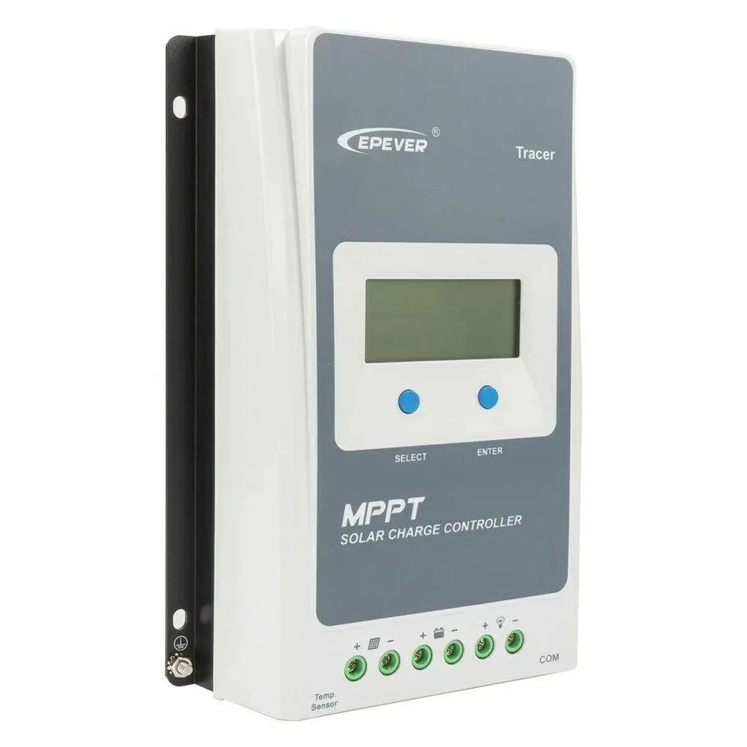 Epever Tracer MPPT solar charge controller with digital display, two blue buttons, and green terminal connectors mounted on a