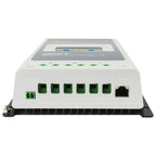 Epever Tracer solar charge controller with LCD display, six green terminal blocks, and Ethernet port on white housing with bl