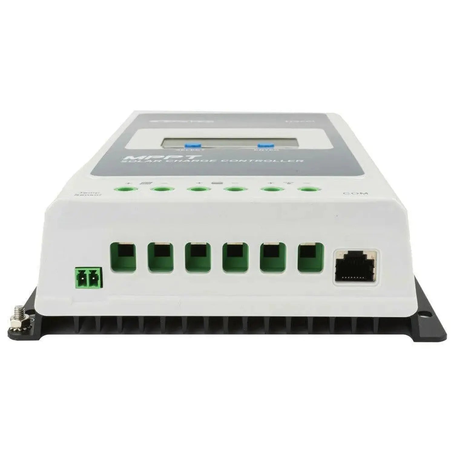 Epever Tracer solar charge controller with LCD display, six green terminal blocks, and Ethernet port on white housing with bl