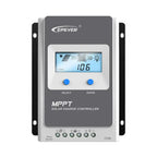 Epever MPPT solar charge controller with LCD display showing load reading of 106, blue select and enter buttons, and terminal