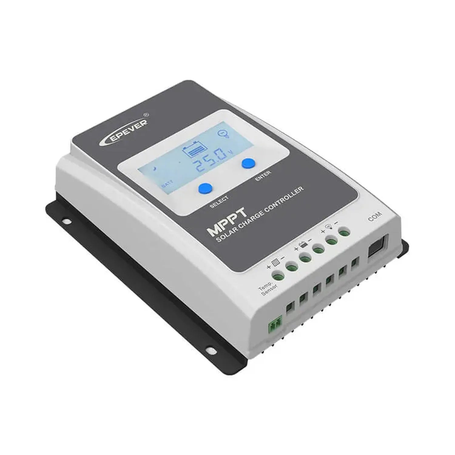 Epever Tracer MPPT solar charge controller with LCD display showing 25.0 voltage reading, mounted on black bracket with termi