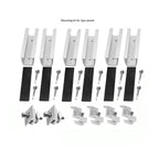 Mounting kit components for 2 solar panels: 6 aluminum U-shaped rails, 6 black rubber pads, 12 metal brackets, and hardware s