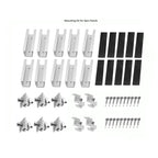 Mounting kit components for 4 solar panels, including 10 white U-shaped rails, 10 black rubber pads, 6 metal connectors, 4 br