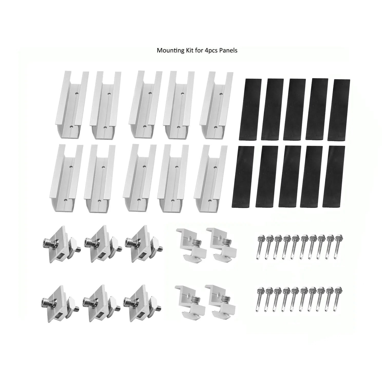 Mounting kit components for 4 solar panels, including 10 white U-shaped rails, 10 black rubber pads, 6 metal connectors, 4 br