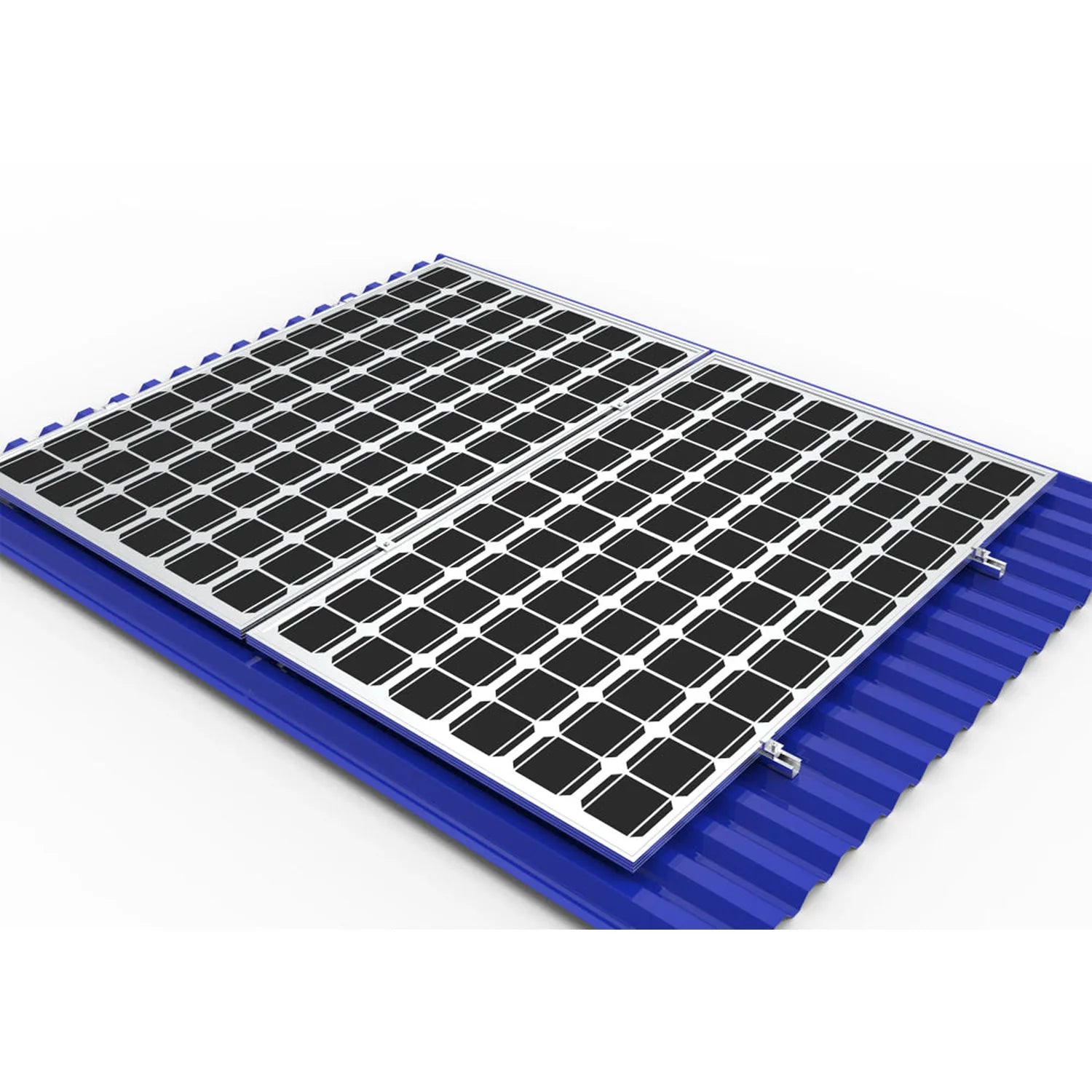 Blue corrugated roof mounting bracket with aluminum rail frame and black solar panel attachment points, angled product view.