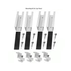 Flat roof solar panel mounting kit contents: four U-shaped aluminum rails, four black rubber pads, eight metal fasteners, and