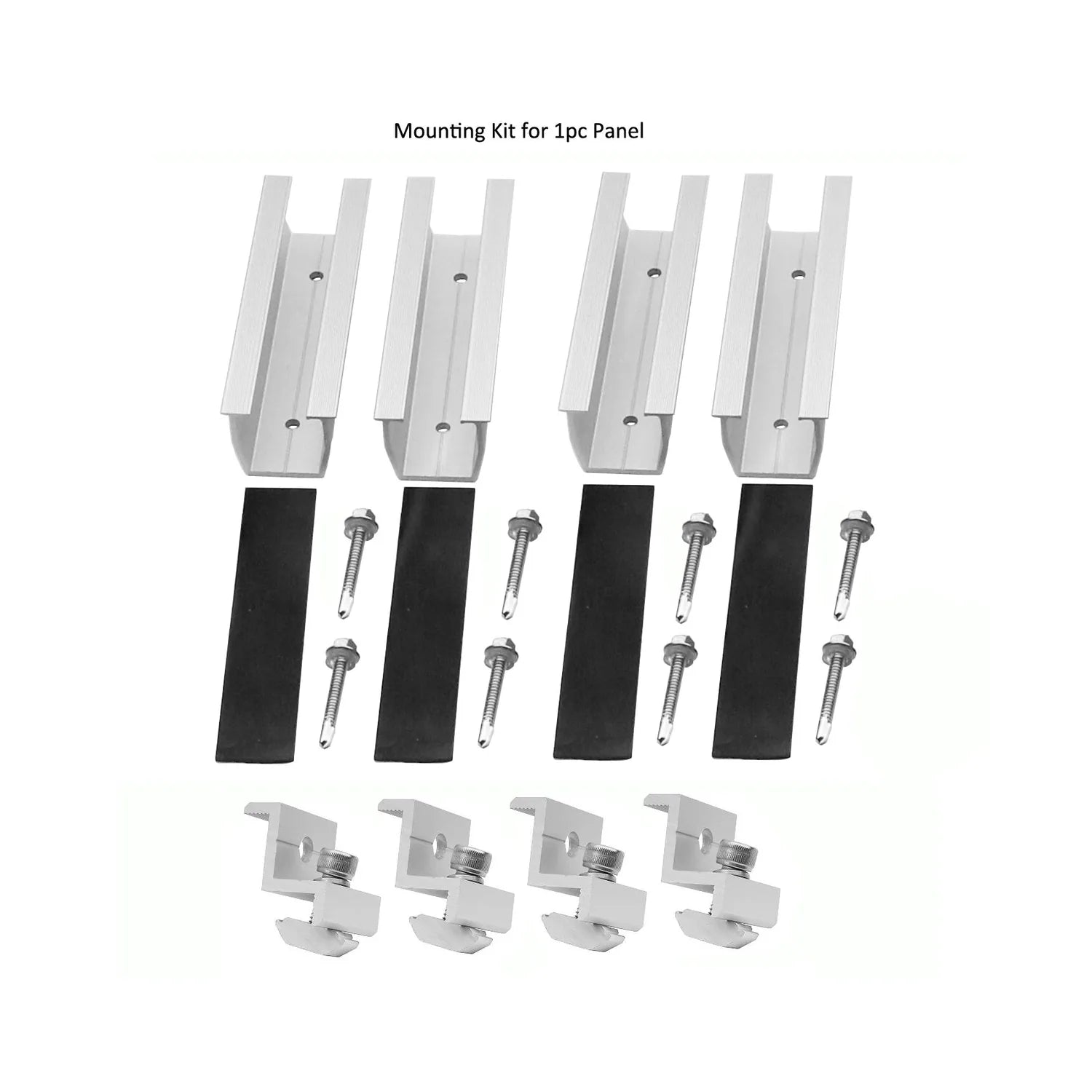 Flat roof solar panel mounting kit contents: four U-shaped aluminum rails, four black rubber pads, eight metal fasteners, and