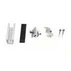 Flat roof solar panel mounting kit components displayed separately: U-shaped white rail, black rubber pad, metal clamp assemb