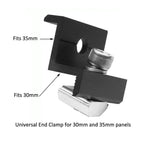 Universal end clamp for 30mm and 35mm panels with metal base and adjustable screw mechanism.