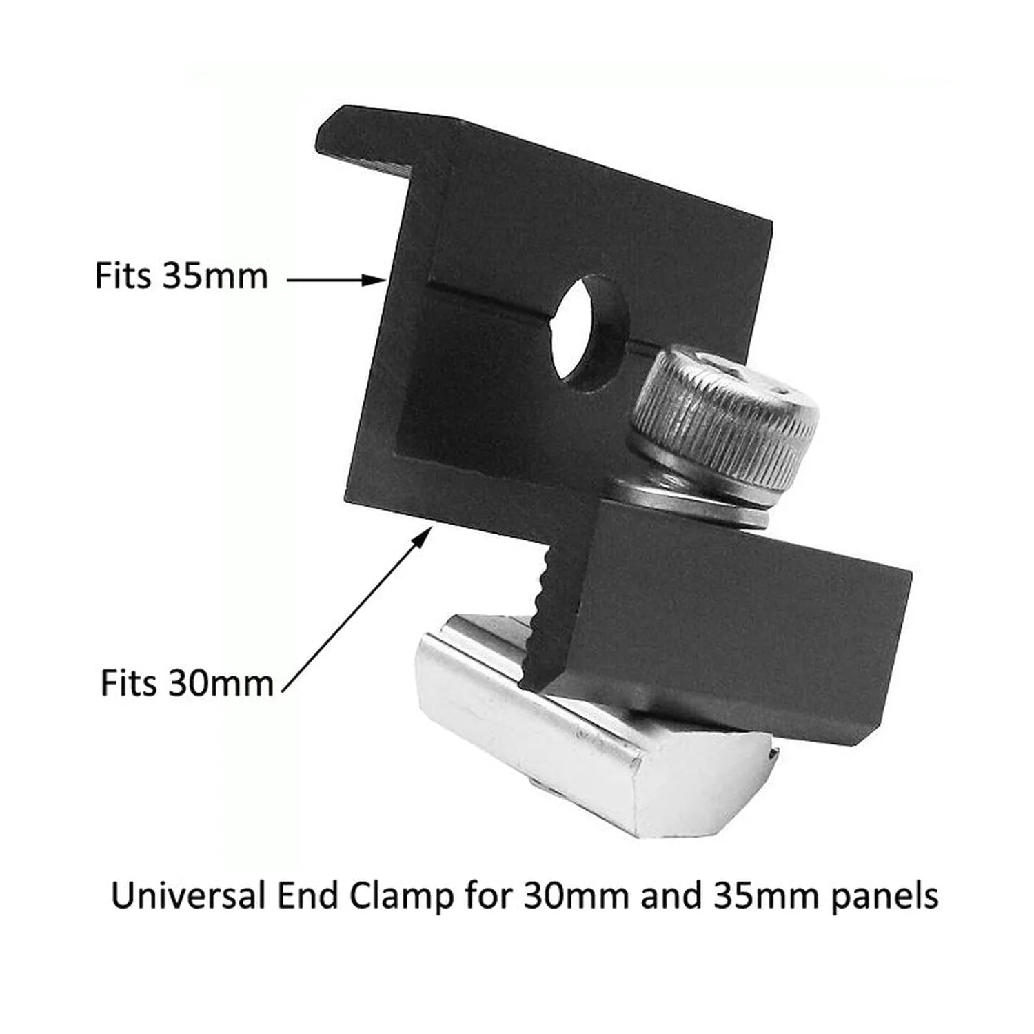 Universal end clamp for 30mm and 35mm panels with metal base and adjustable screw mechanism.