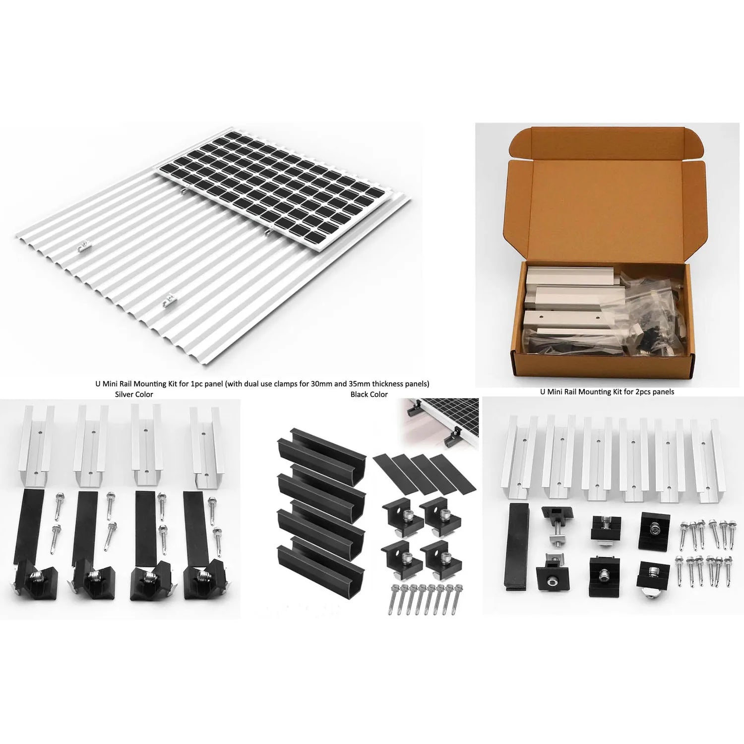U Mini Rail solar panel mounting kit components displayed: silver rails, black clamps, brackets, fasteners, and packaged cont