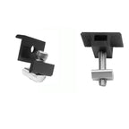 Two black U-shaped solar panel mounting clamps with metal threaded bolts and washers shown from different angles.