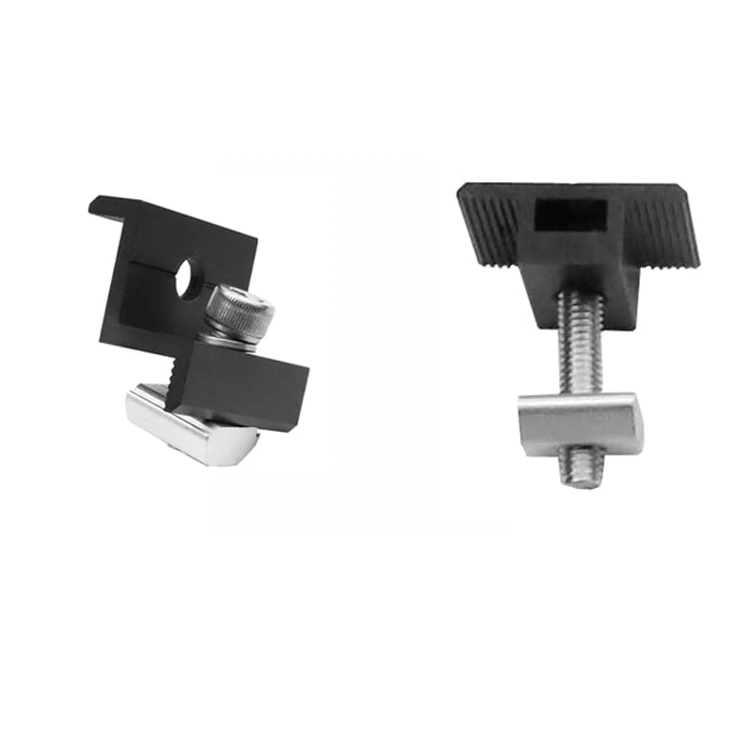 Two black U-shaped solar panel mounting clamps with metal threaded bolts and washers shown from different angles.