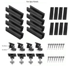 Solar panel mounting kit components laid out: aluminum rails, end caps, brackets, and hardware screws for 3-panel installatio