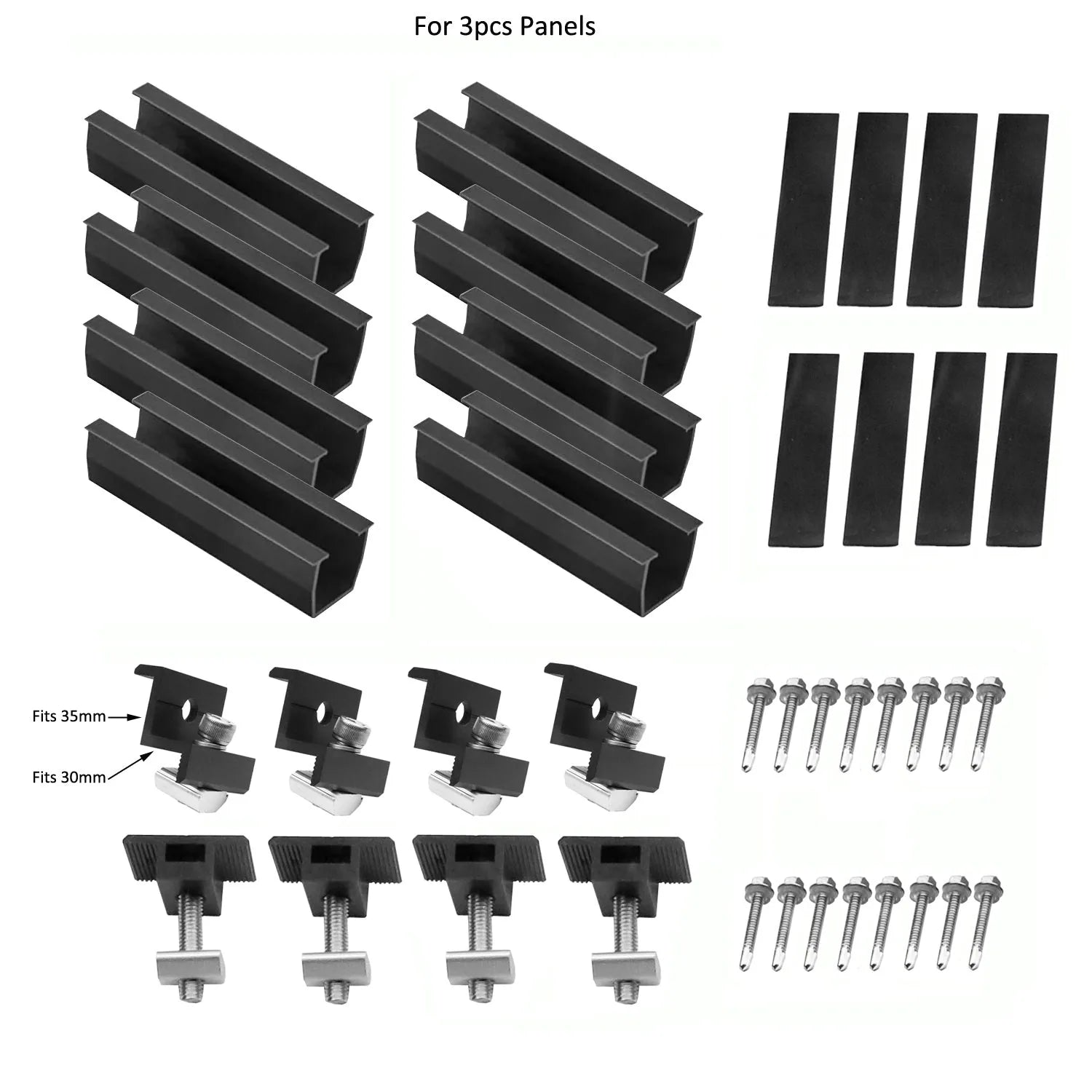 Solar panel mounting kit components laid out: aluminum rails, end caps, brackets, and hardware screws for 3-panel installatio