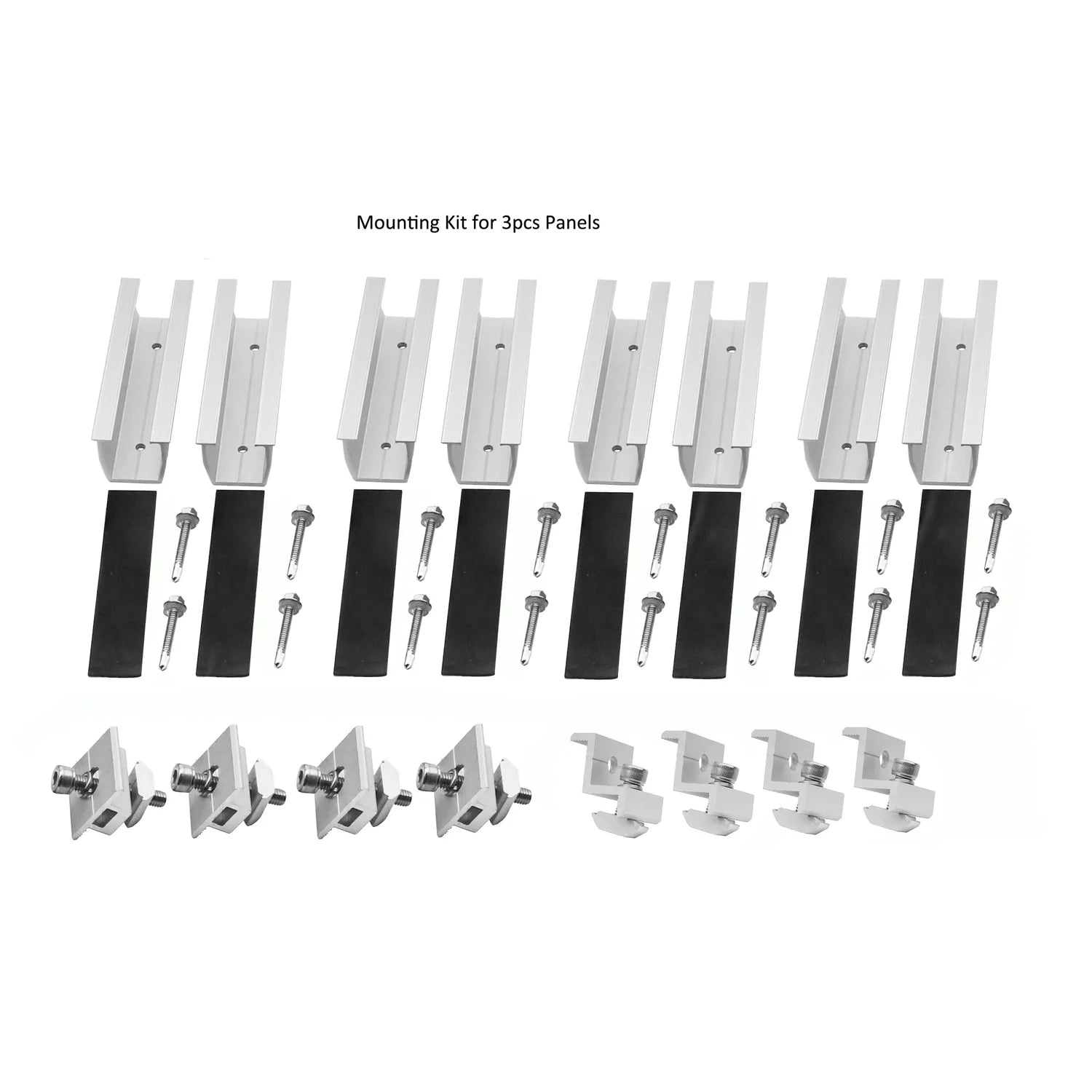 Mounting kit components for 3 solar panels laid out: aluminum rails, black brackets, bolts, and metal clamps arranged in rows