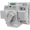 White automatic transfer switch with rotary selector dial, control panel, and terminal blocks mounted on backplate, model U2-