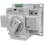 White automatic transfer switch with rotary selector dial, control panel, and terminal blocks mounted on backplate, model U2-