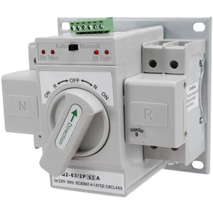 White automatic transfer switch with rotary selector dial, control panel, and terminal blocks mounted on backplate, model U2-