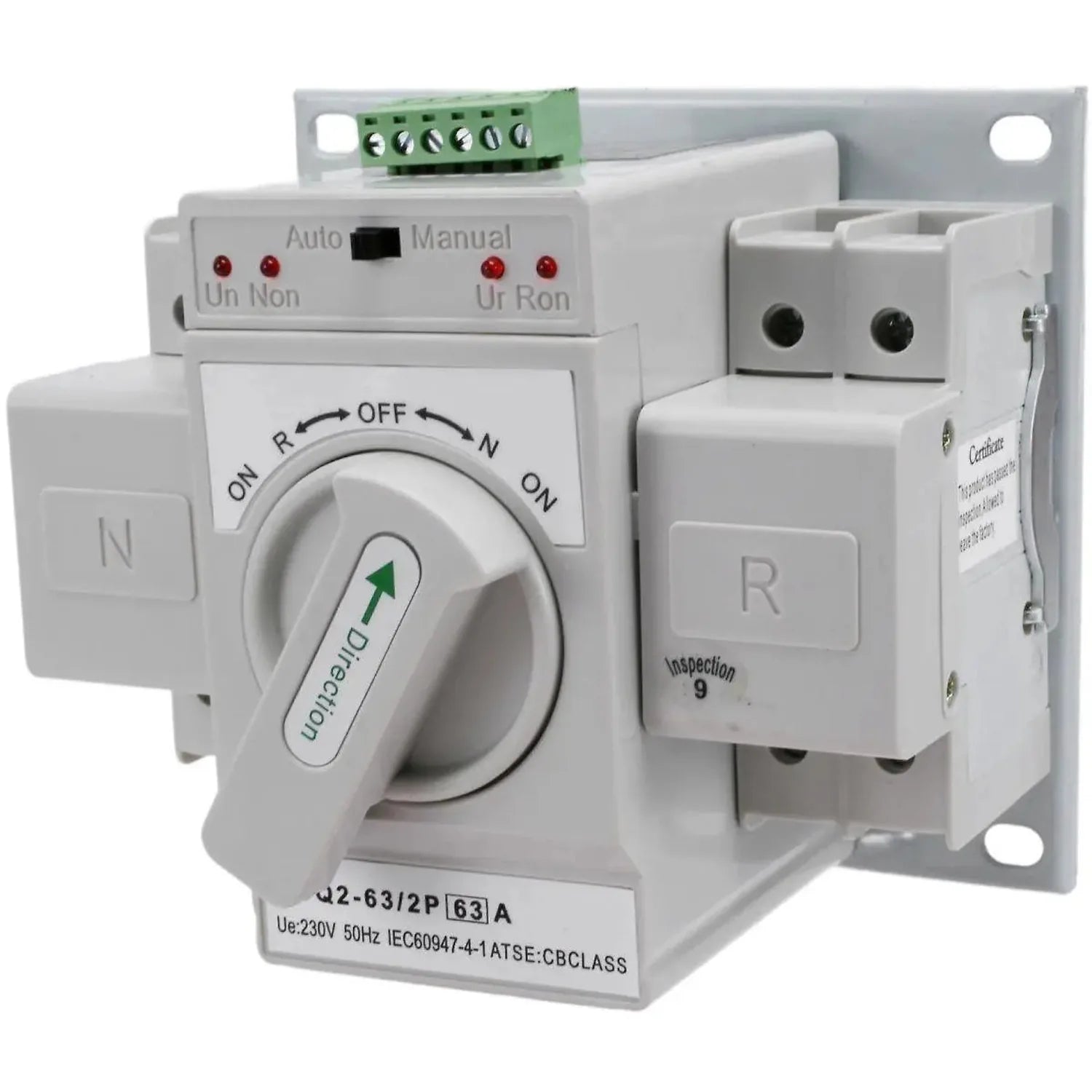 White automatic transfer switch with rotary selector dial, control panel, and terminal blocks mounted on backplate, model U2-