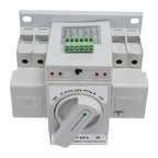 Automatic transfer switch with 63A rating, showing rotary selector dial, terminal blocks, and auto/manual mode indicators, pr