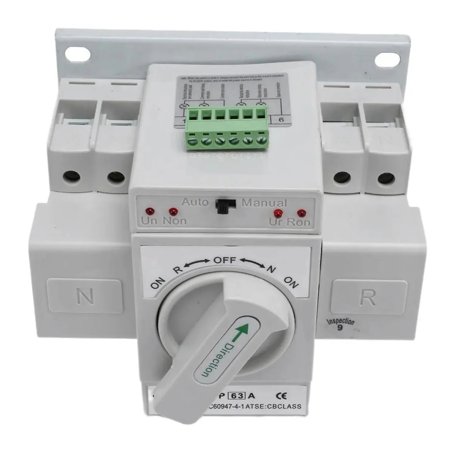 Automatic transfer switch with 63A rating, showing rotary selector dial, terminal blocks, and auto/manual mode indicators, pr