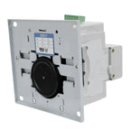 Rear view of automatic transfer switch showing internal wiring terminals, green connector block, and mounting plate with inst