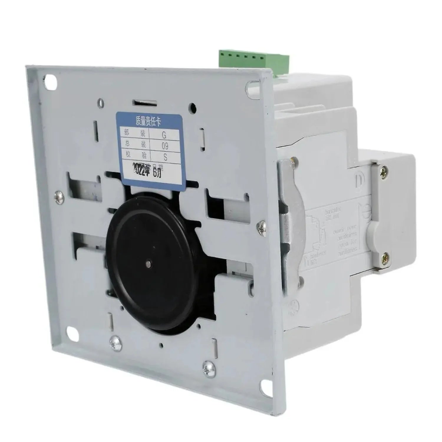 Rear view of automatic transfer switch showing internal wiring terminals, green connector block, and mounting plate with inst