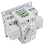 White automatic transfer switch with rotary selector dial, green terminal block, and control module showing Auto/Manual/Off p