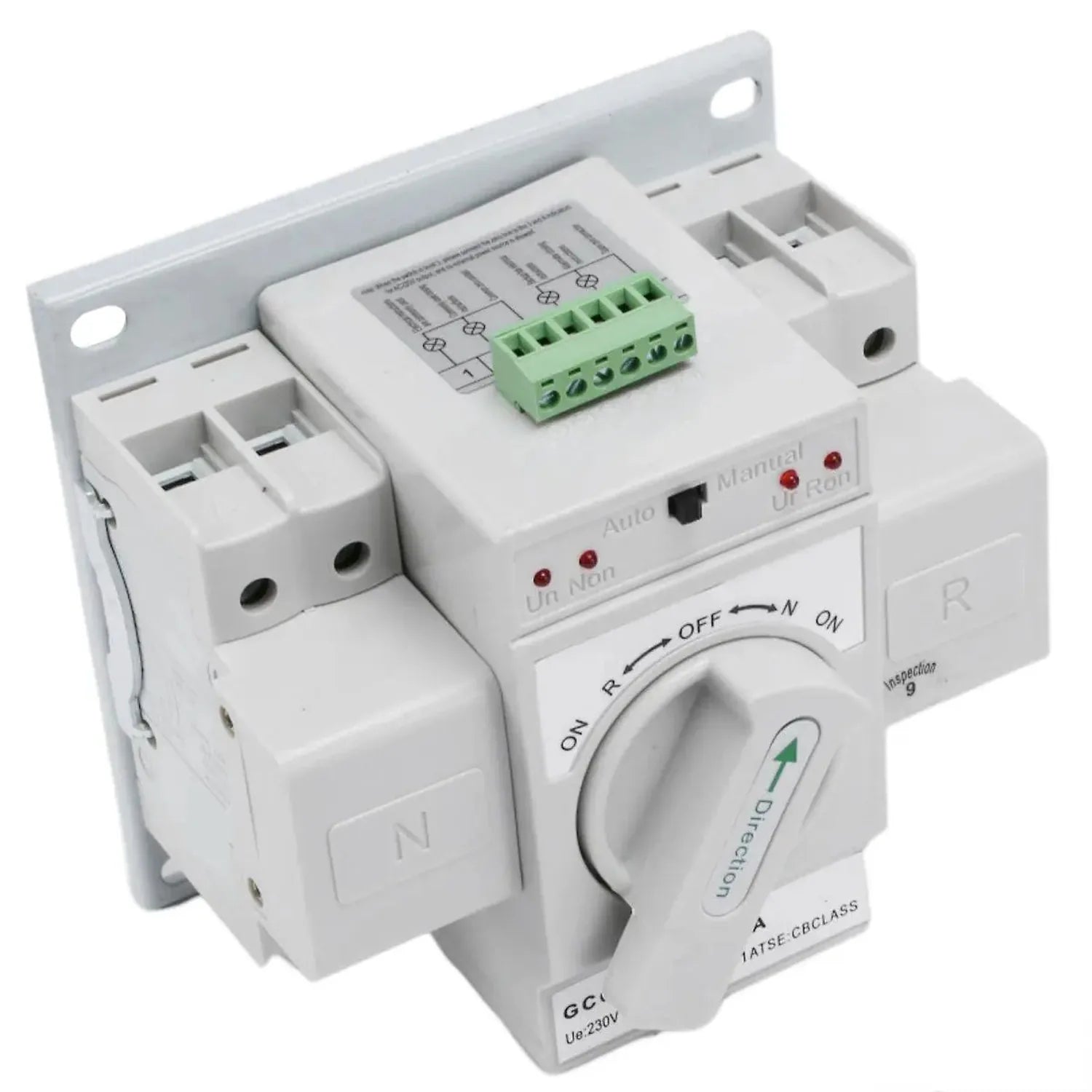 White automatic transfer switch with rotary selector dial, green terminal block, and control module showing Auto/Manual/Off p