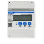 CHNT DTSU666 three-phase smart meter with LCD display and blue control buttons mounted on DIN rail.