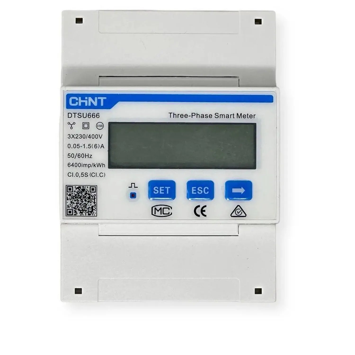 CHNT DTSU666 three-phase smart meter with LCD display and blue control buttons mounted on DIN rail.
