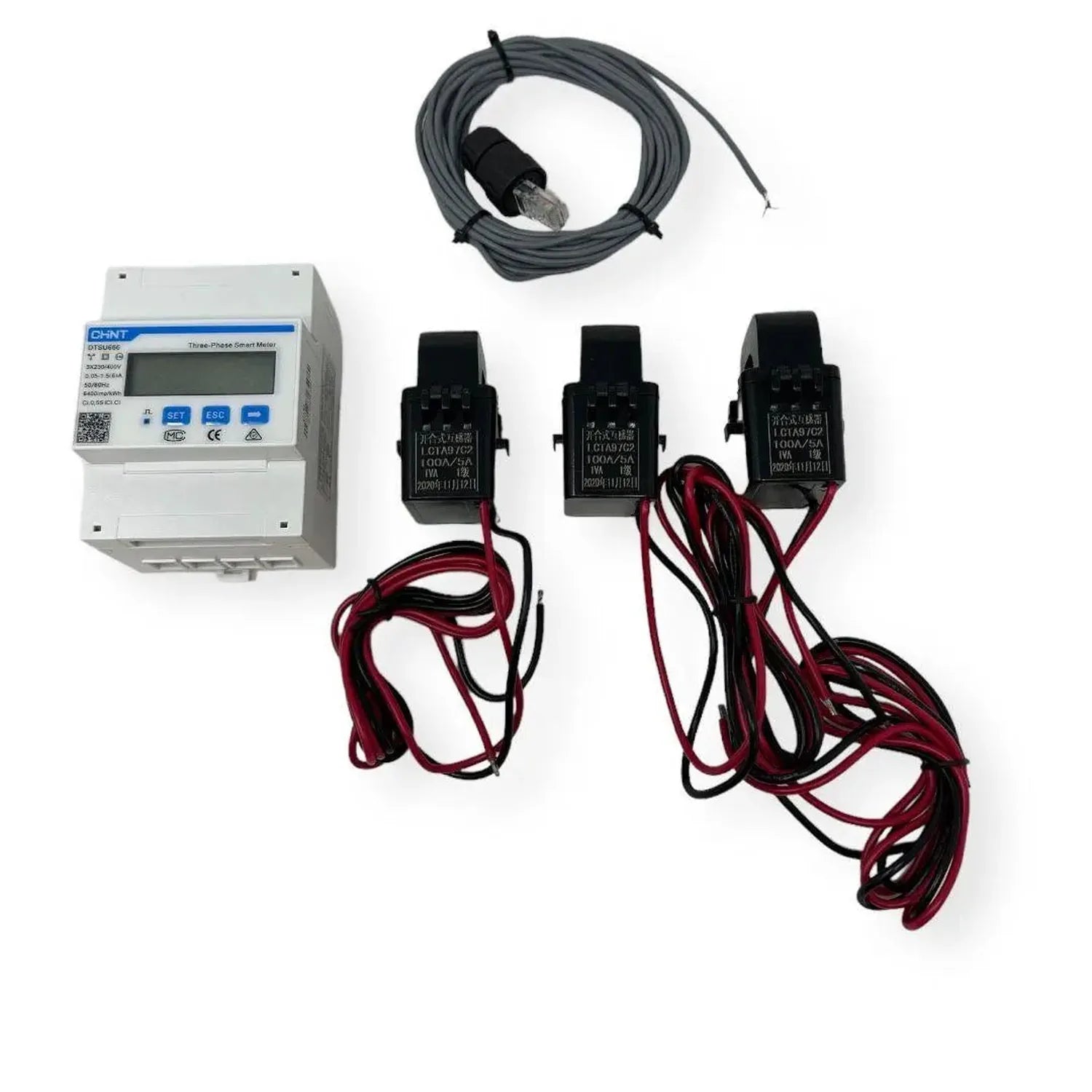 Chint DTSU666 three-phase smart meter with three current transformers and gray cable, product display shot on white backgroun