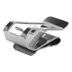 Stainless steel solar panel cable clip with adjustable metallic bands and rubber base, shown on white background.