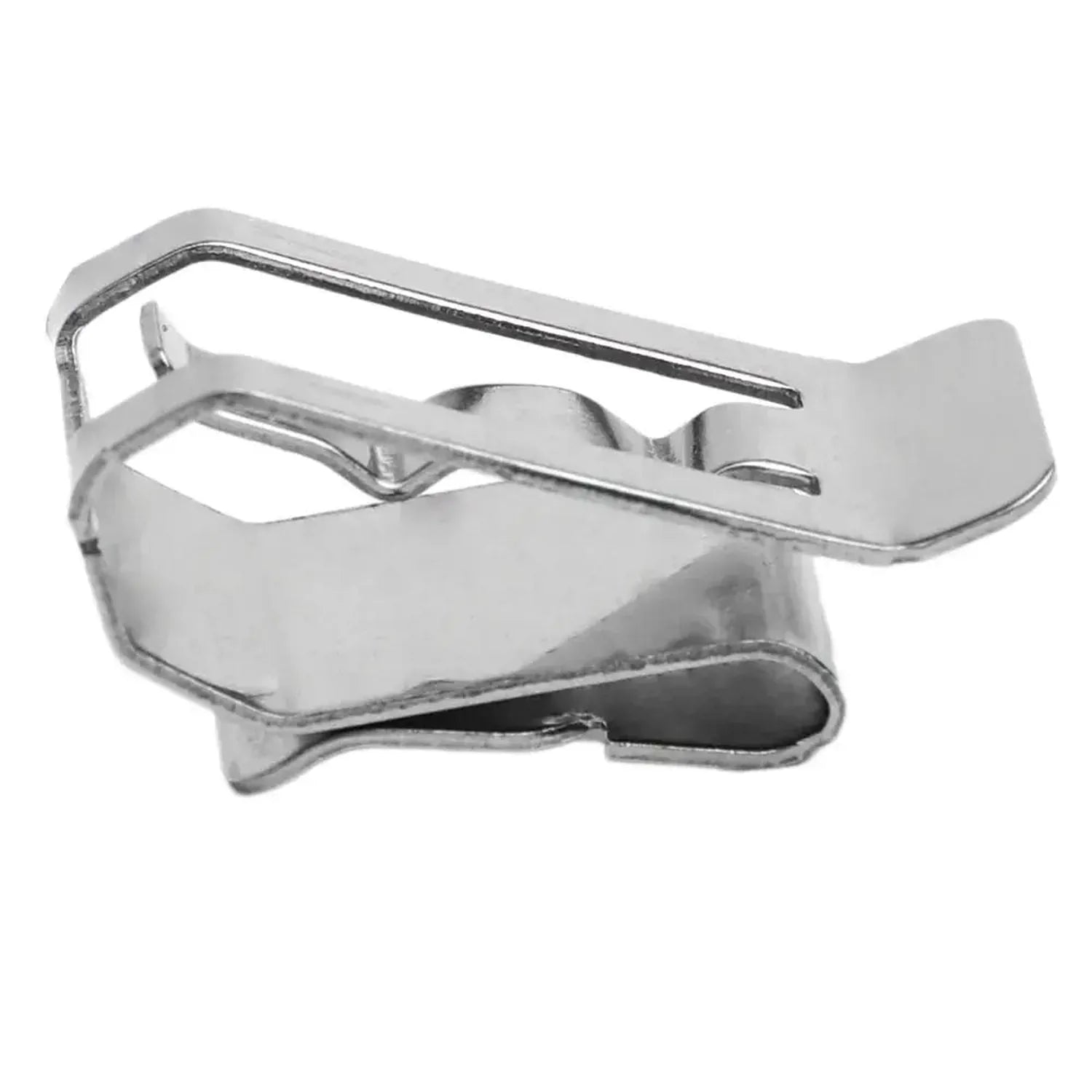 Stainless steel solar panel cable clip with curved design, shown as standalone product against white background.