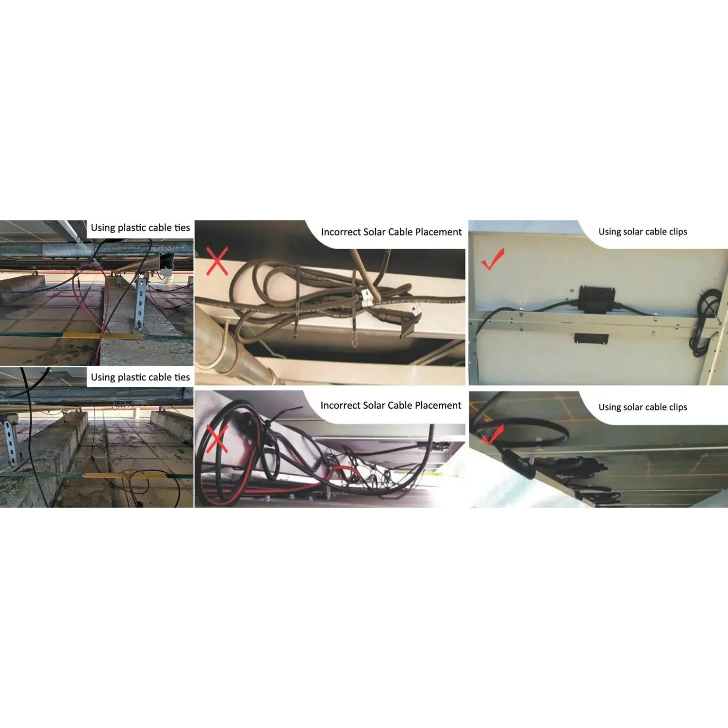 Comparison guide showing incorrect solar cable installation with plastic ties and loose placement versus correct installation