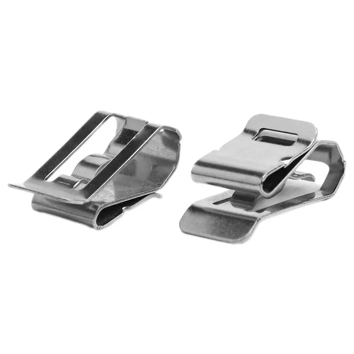 Two stainless steel solar panel cable clips shown front and side views against white background.