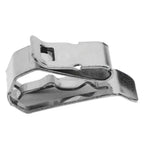 Stainless steel solar panel cable clip with curved retention arms and mounting bracket, shown isolated against white backgrou